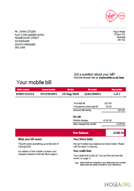 USA Virgin Media utility bill template in Word and PDF formats, version 2